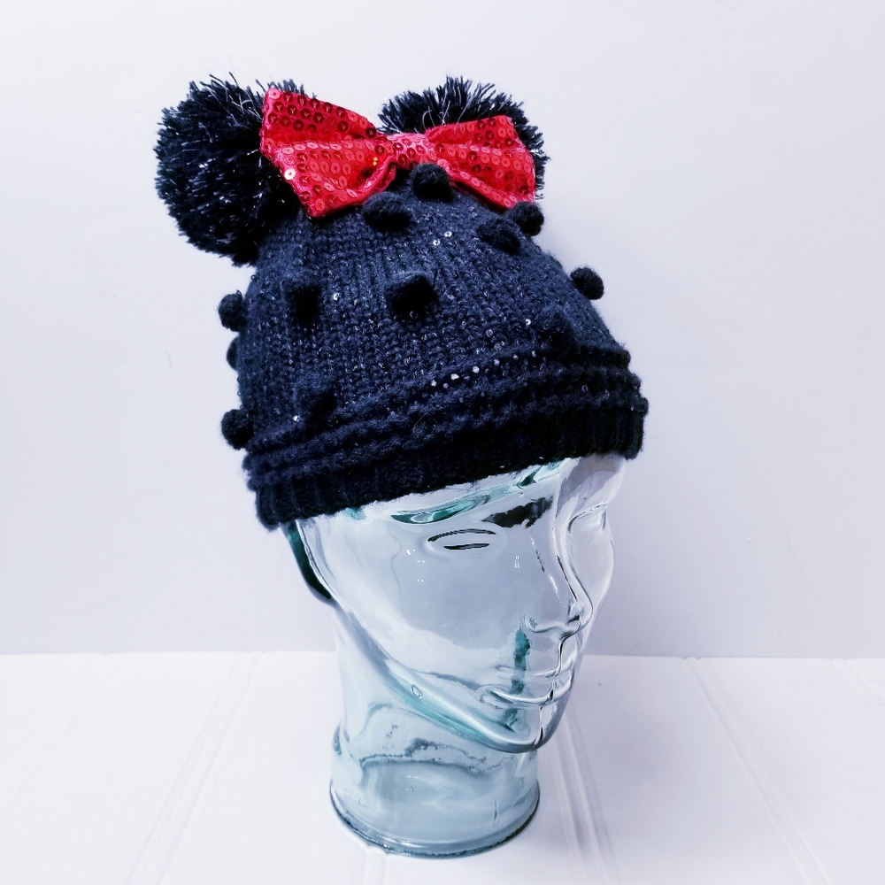 Disney Minnie Mouse Black Knit Pom Pom Beanie Hat Red Bow Girls XS/S 3–6Y